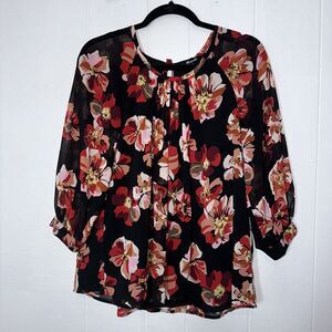 Madewell Women’s Floral French Rose Bubble Sleeve Top Black Red Size Small